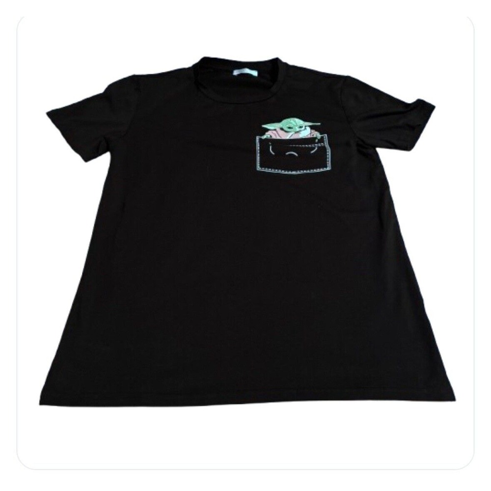 STAR WARS MANDALORIAN BABY YODA IN POCKET BLACK T-SHIRT‎ M Sheshow Women's New
